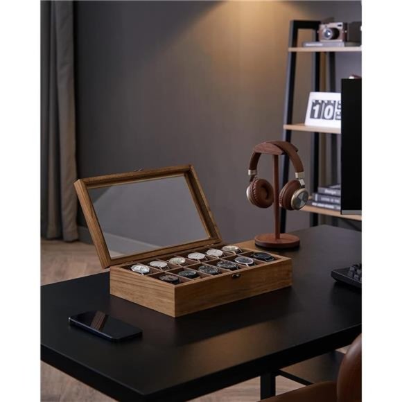 12-Slot Wood Watch Box Organizer with Large Glass Lid, Removable Pillows - Picture 2 of 7